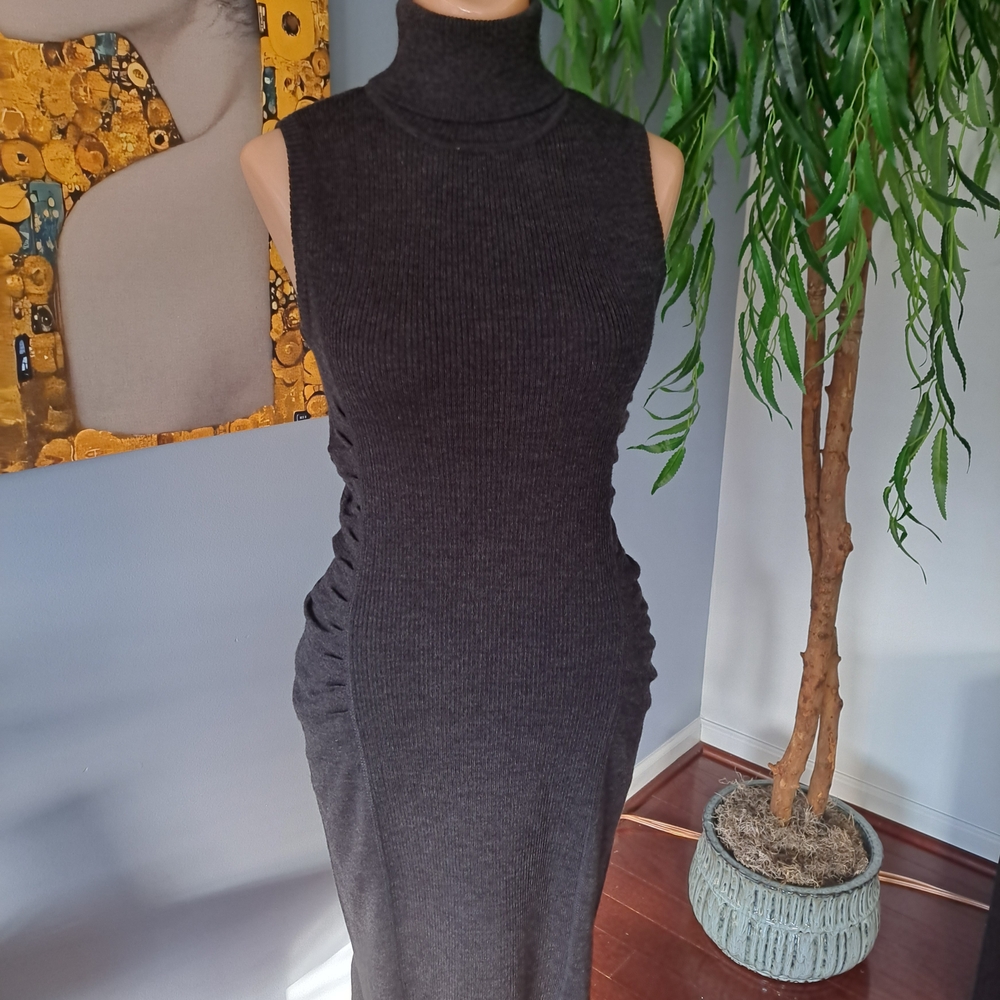 Calvin Klein Charcoal Sleeveless Wiggle Ruffle Fall Sweater Dress